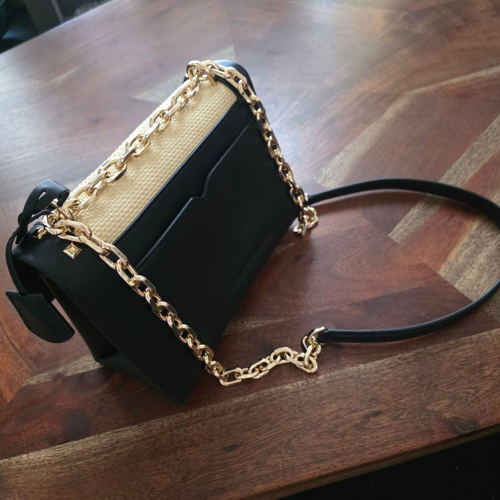 Michael Kors Studded Straw & Leather Crossbody Bag Tan/Black One Size - Picture 7 of 15